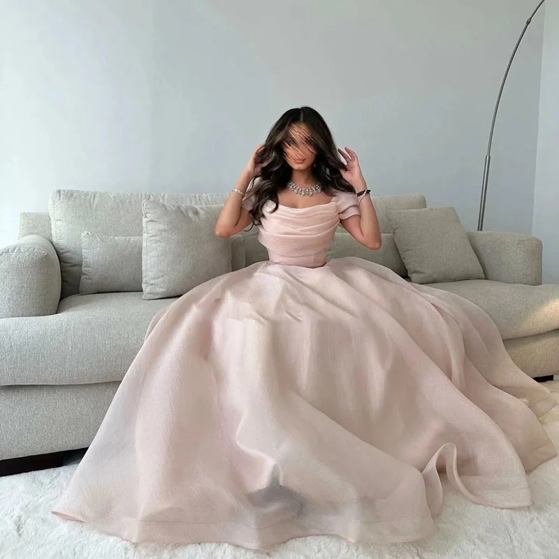 Musetta Off The Shoulder Pink Organza A-line Prom Dresses Cowl Neck Pleat Arabic Dubai Long Dance Party Gowns Robe De Soirée