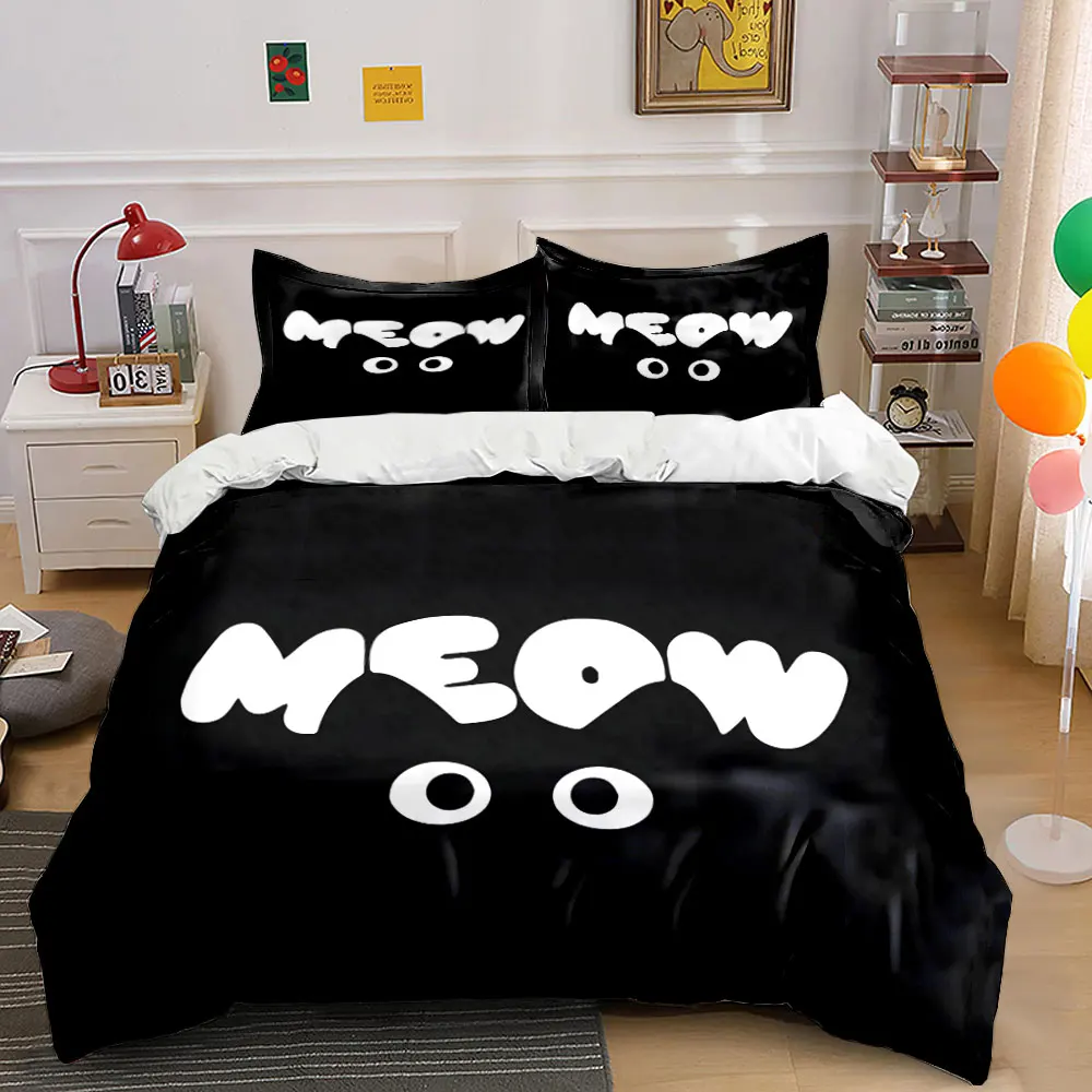 Black Background Meow Design Print Bedding Set 1 Duvet Cover 2 Pillowcases for Adult and Children Luxury Gift Full Size