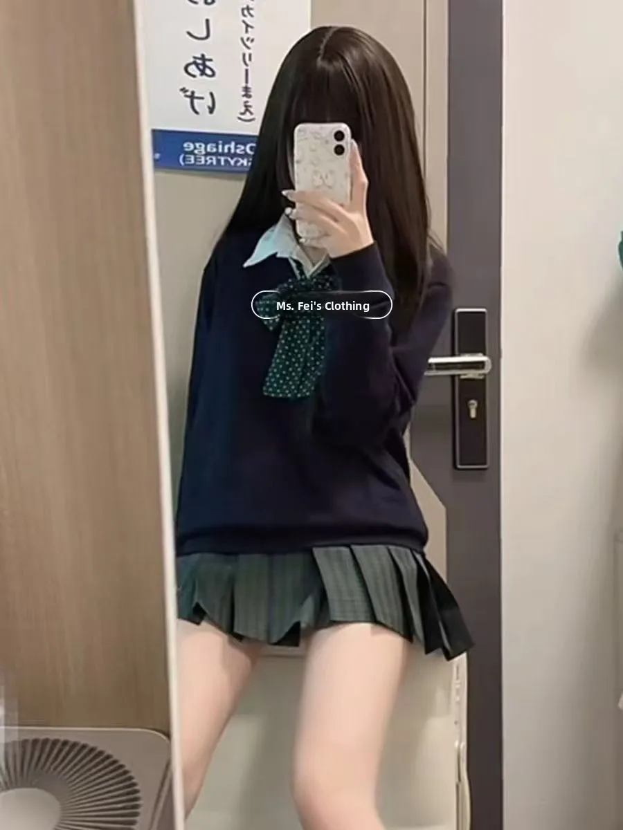 

Original JK orm Knitted Sweater Navy V-ne Long Sve College Sle Top Set Women Spring Autumn Collar Four-...
