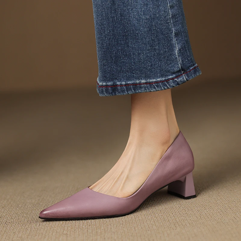 

Genuine Leather Pointed Toe Kitten Heel Dress Shoes Elegant Low Cut Slip-On Pumps for Women