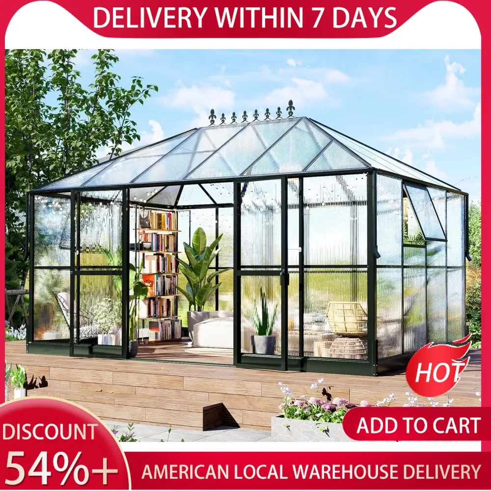 Polycarbonate Greenhouse with 2 Vents and Double Swing Doors,Walk-in Large Winter Greenhouse Sunroom Aluminum GreenhouseOutdoors