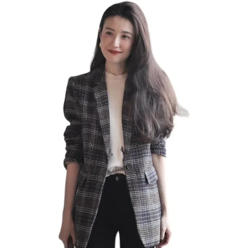 2022 autumn and winter new Korean version high-quality retro British style modern plaid waist wool blazer women