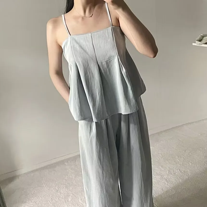 

SuperAen корейский стиль, милый элегантный плиссированный топ без рукавов с рюшами, женский новый летний драпированный повседневный длинный брюки в стиле ретро, комплекты из двух предметов