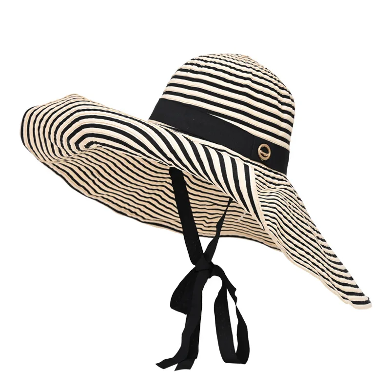 

Large Wide Brim Summer Hats for Women Sun Hat Black White Striped Foldable Summer Cap Outdoor Sunscreen Beach