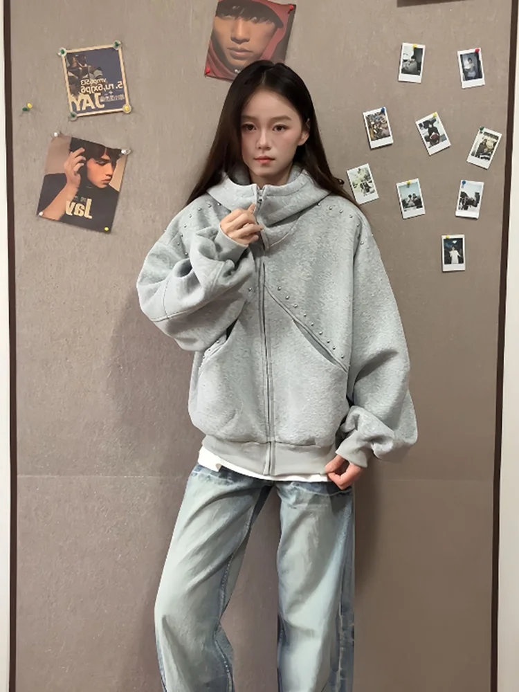 

Толстовка с капюшоном большого размера с металлическими заклепками и высоким воротником, осенний тяжелый американский кардиган для пар Jaet Long Sve на молнии...