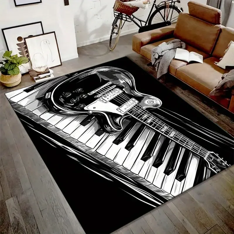 Musikthemen-Teppich mit Klaviertastatur- und Gitarrenmuster Schwarz-Weiß Musikraum-Teppich Wohnzimmer Schlafzimmer Bodenmatte Heim-Deko Studio