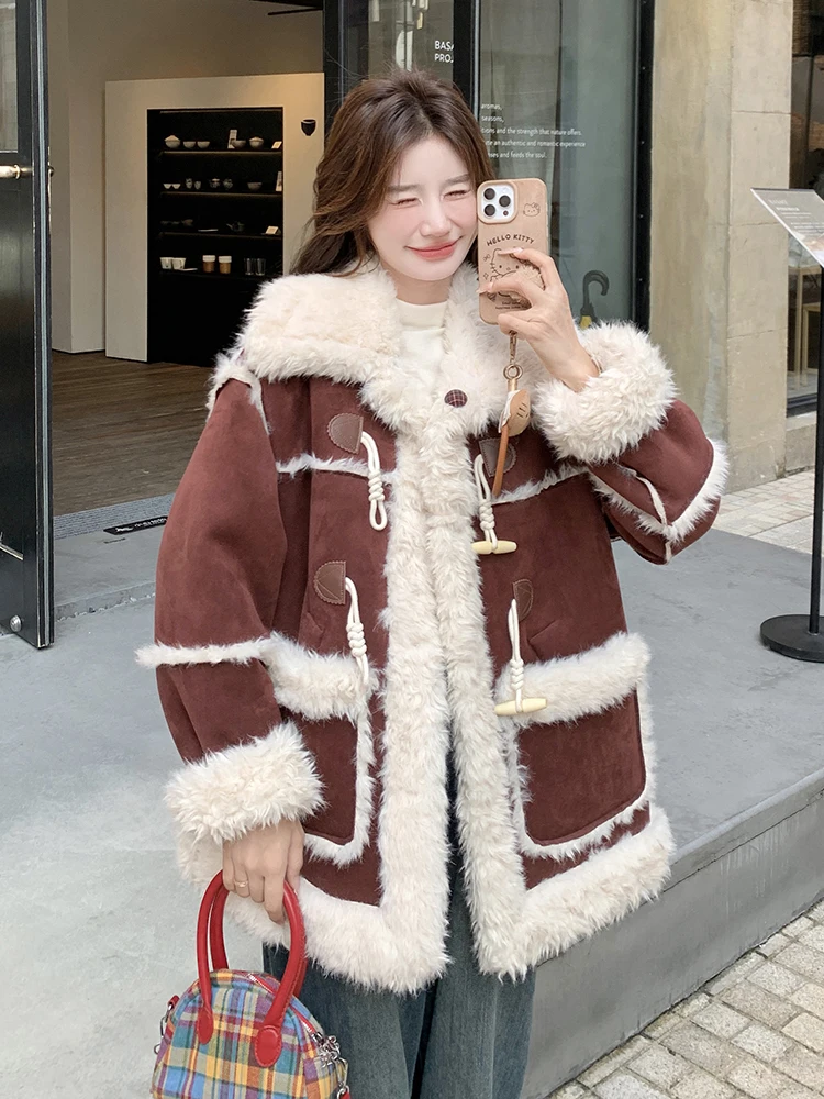 Chaqueta de piel de cordero de doble cara de estilo coreano para mujer, abrigo de aodón de piel y cuero inteado ueso pa...