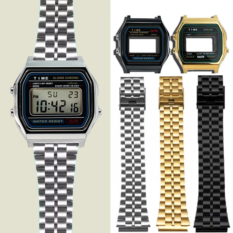 الذهب معدن حزام (استيك) ساعة الحال بالنسبة ساعة كاسيو سوار مربع صغير A158 A159 F-91 الرجال تعديل الفولاذ المقاوم للصدأ ساعة + حزام