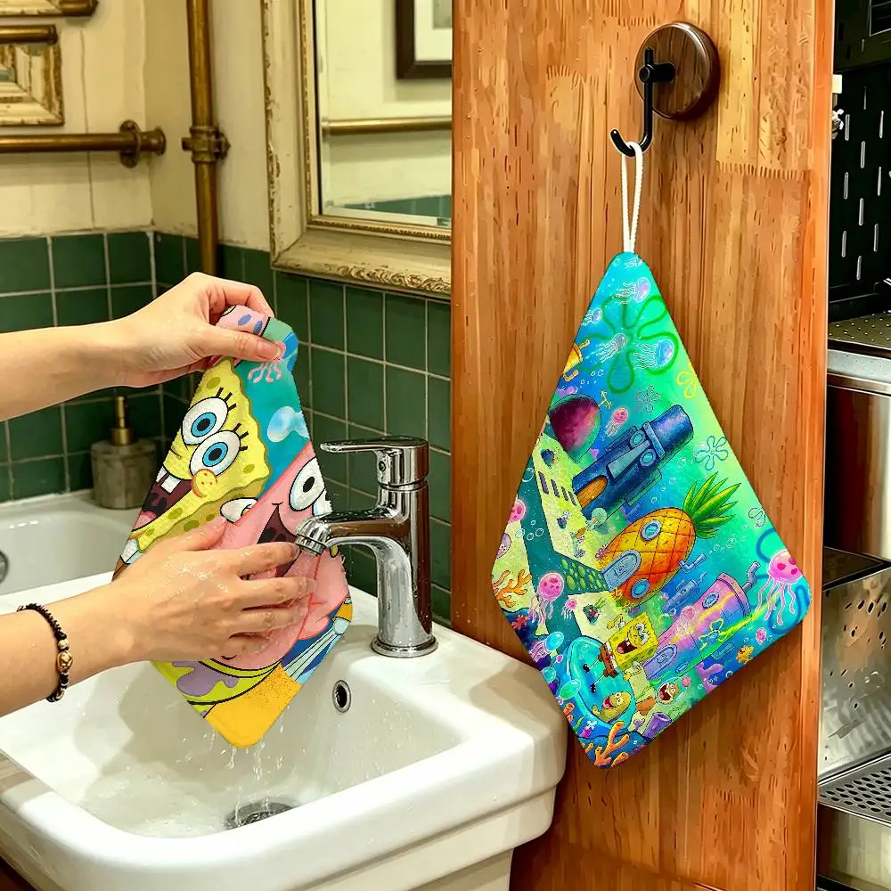 Cartoon SpongeBob Theme Hanging Kitchen Towel, Polyester Cotton Fabric, Absorbent Hand Wiping Towel for Home Dormitory