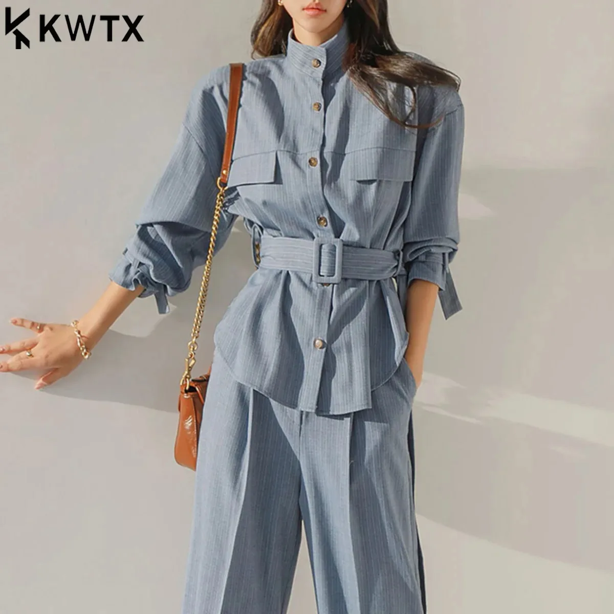 KWTX Elegant Women's Striped Long Sleeve Blouse, Tie Waist Slim Fit Shirt, Fall Fashion Tops With Cuff Ties, Chic Casual Wear