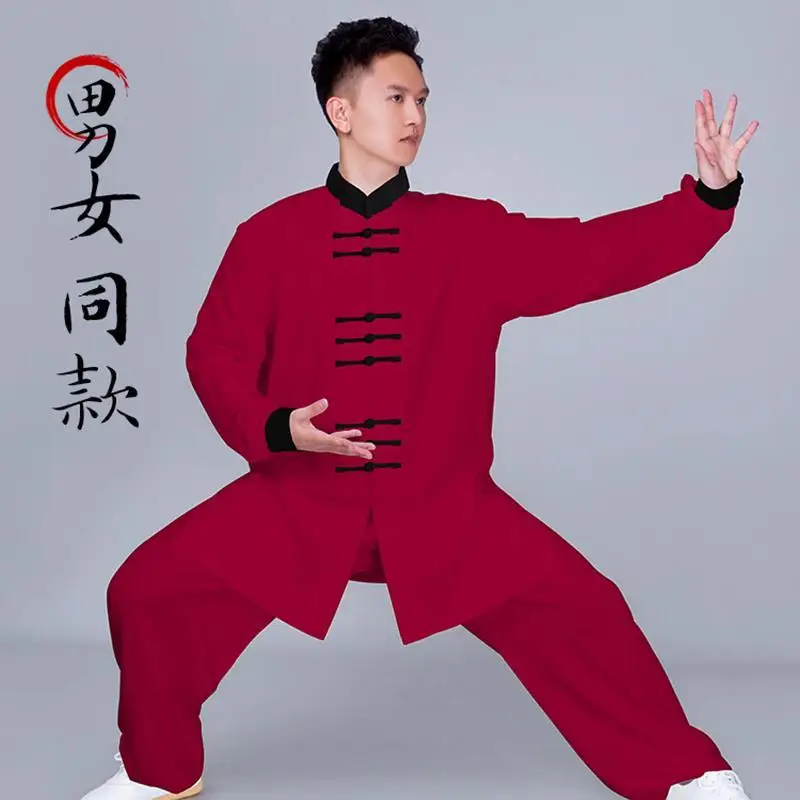 2024 new vintage chinese tang style tai chi suit pure cotton tai chi performance outfit unisex male female morning exercise set