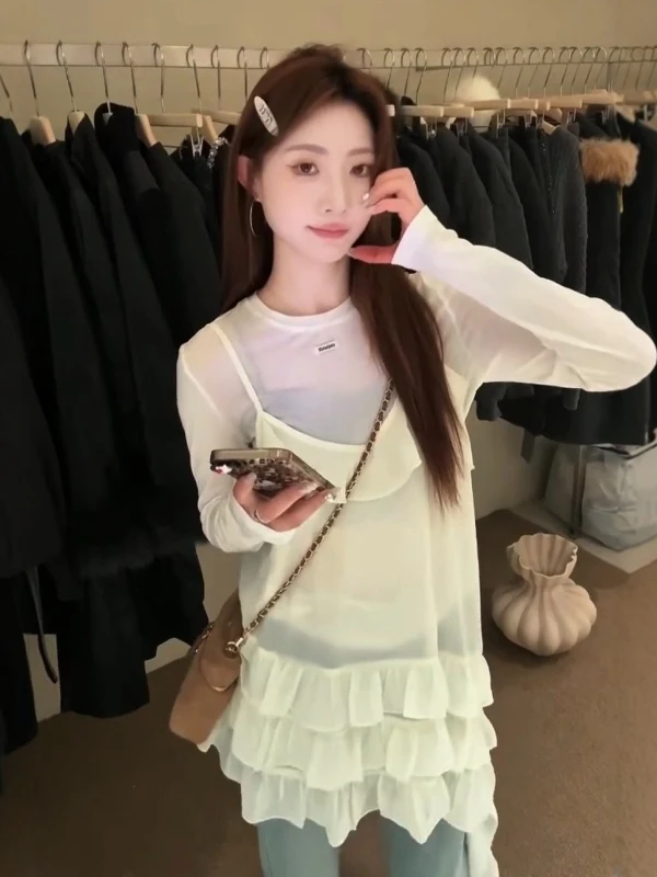 

Korean Sle Multi-Layered Lace Hem Strap Vest Women's Spring Outerwear Svel Chiffon Loose Layered Top