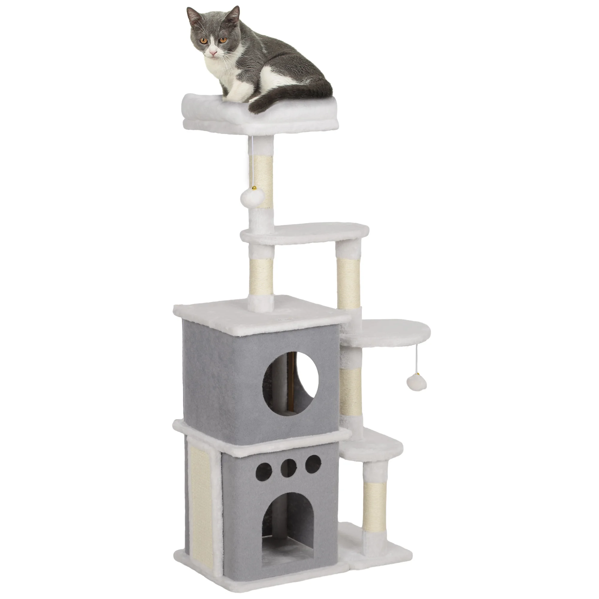 PawHut tree cat scraper 126 cm with platforms hanging balls cream