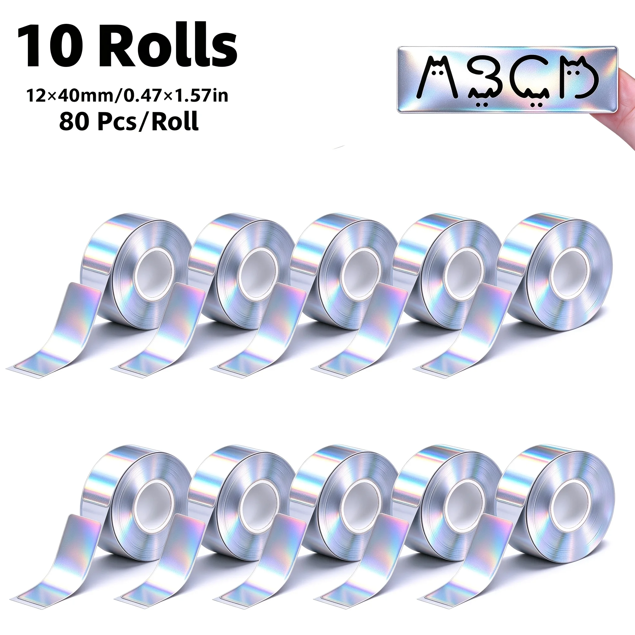 10 Rolls 12x40mm Holographic Silver Gap Thermal Label Sticker Roll Self Adhesive Compatible for D30 D35 Printer School Store Tag