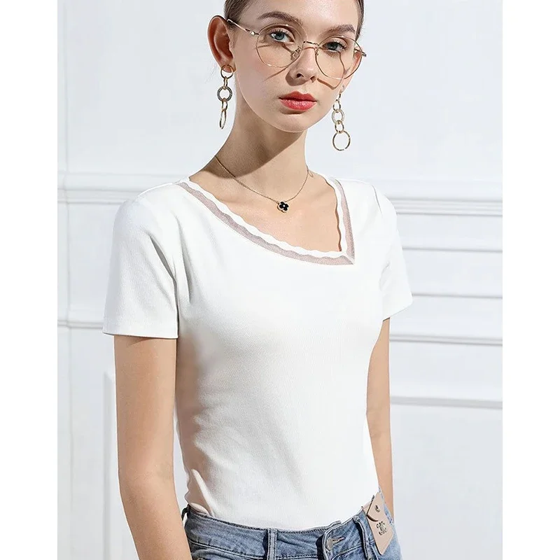 (2 Colors M-3XL) Europe United States Summer Oblique Square Neck T-shirt Female Short-sleeved Lace Splicing Sexy Blouse T-shirt