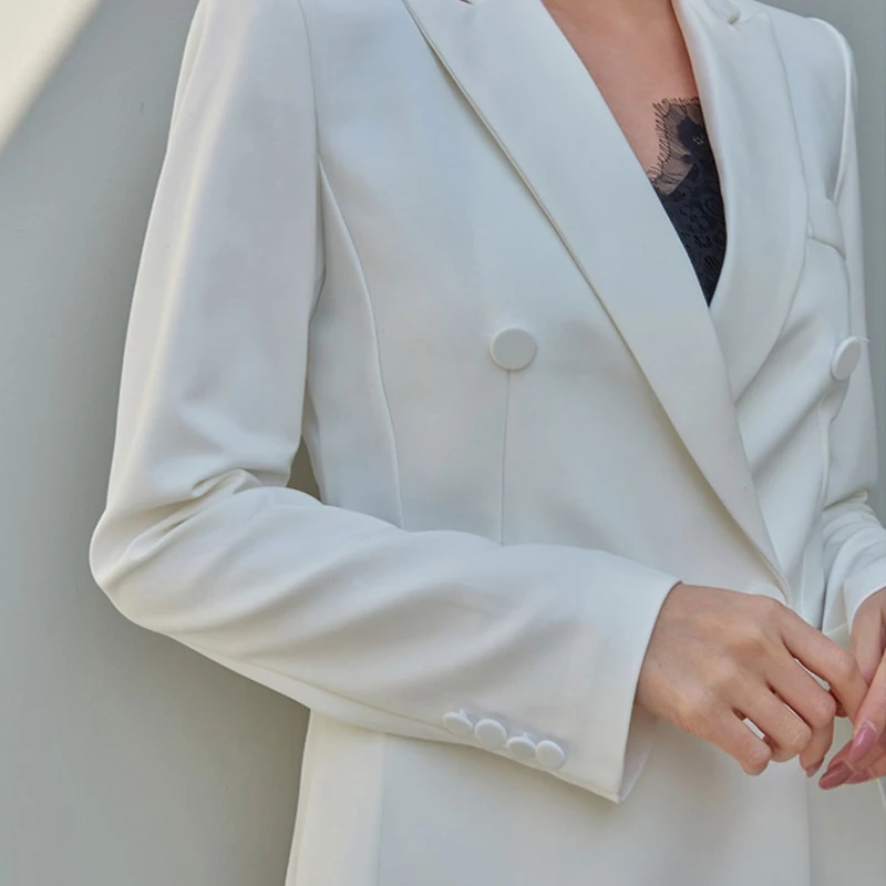 Formal White Two Piece Sets Women Fashion New Elegant Double Breasted Long Sleeve Blazers+Wide Leg Pants Suits