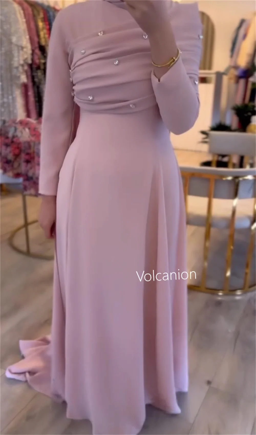 Customized Jersey Rhinestone Pleat A-line High Collar Long Dresses Bespoke Occasion Evening Simple Elegant