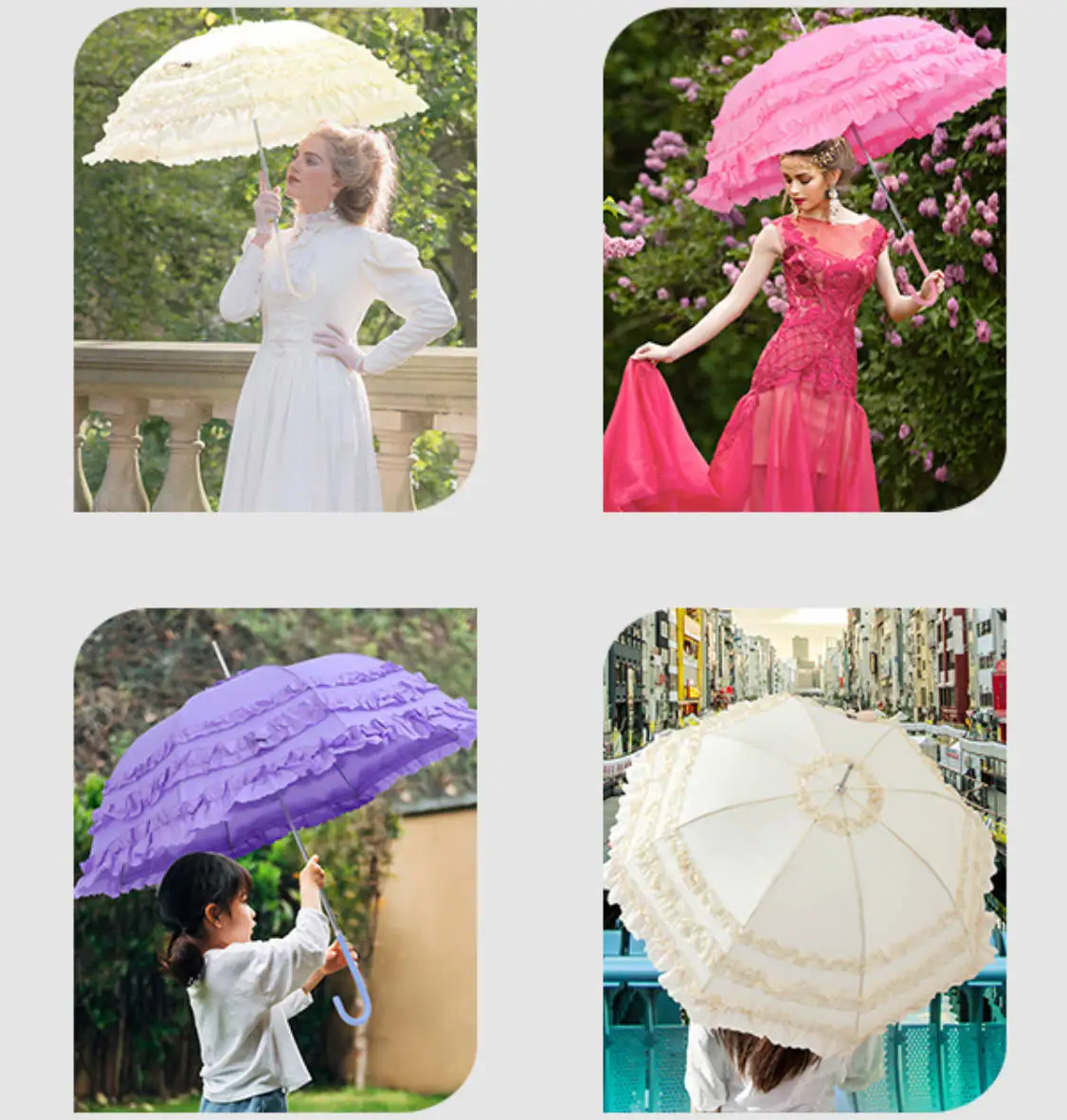 Sombrilla de flores de encaje de mango largo para mujer, sombrilla a prueba de viento, lluvia, marfil, forma de Pagoda, paraguas de Boda nupcial de princesa