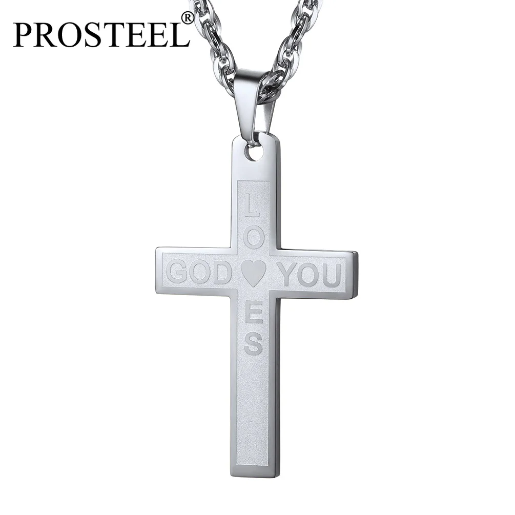 

PROSTEEL Cross Necklace Christian Jewelry GOD LOVES YOU Christmas Gift Men Women Gold/Black Stainless Steel Pendant Chain