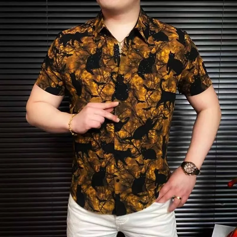 Summer Cat Graffiti Short Sleeved Shirt for Men Single Breasted Casual Business Shirts Comfortable Breathable Social Street Top