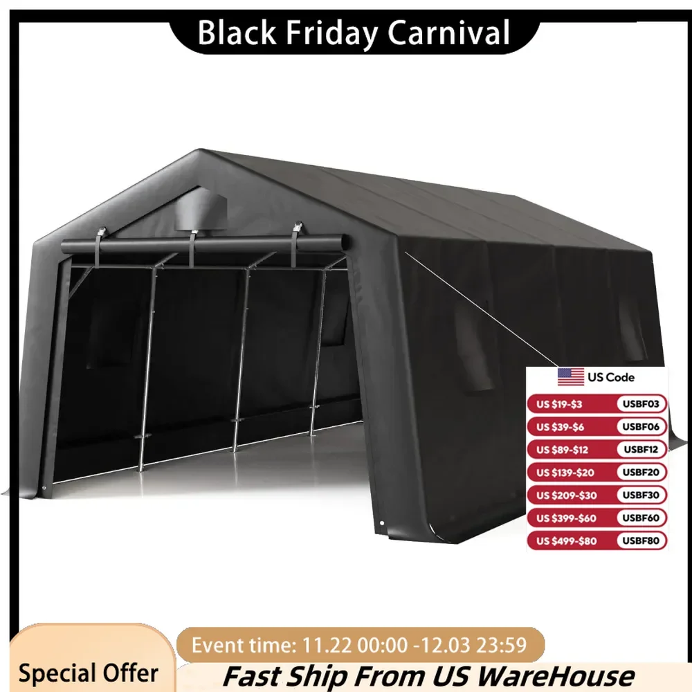 

Garages, Canopies & Carports Thick Shelter Storage Tent with Steel Metal Frame, Tent with Rolling Shutter and Zipper Door