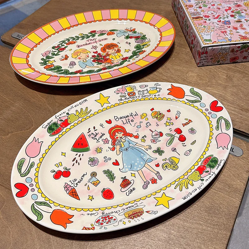 Handdrawn Creative Ceramic Tableware Set, Colorful Fish Dishes, Deep Breakfast Plate, Cream Style Series, Home, New
