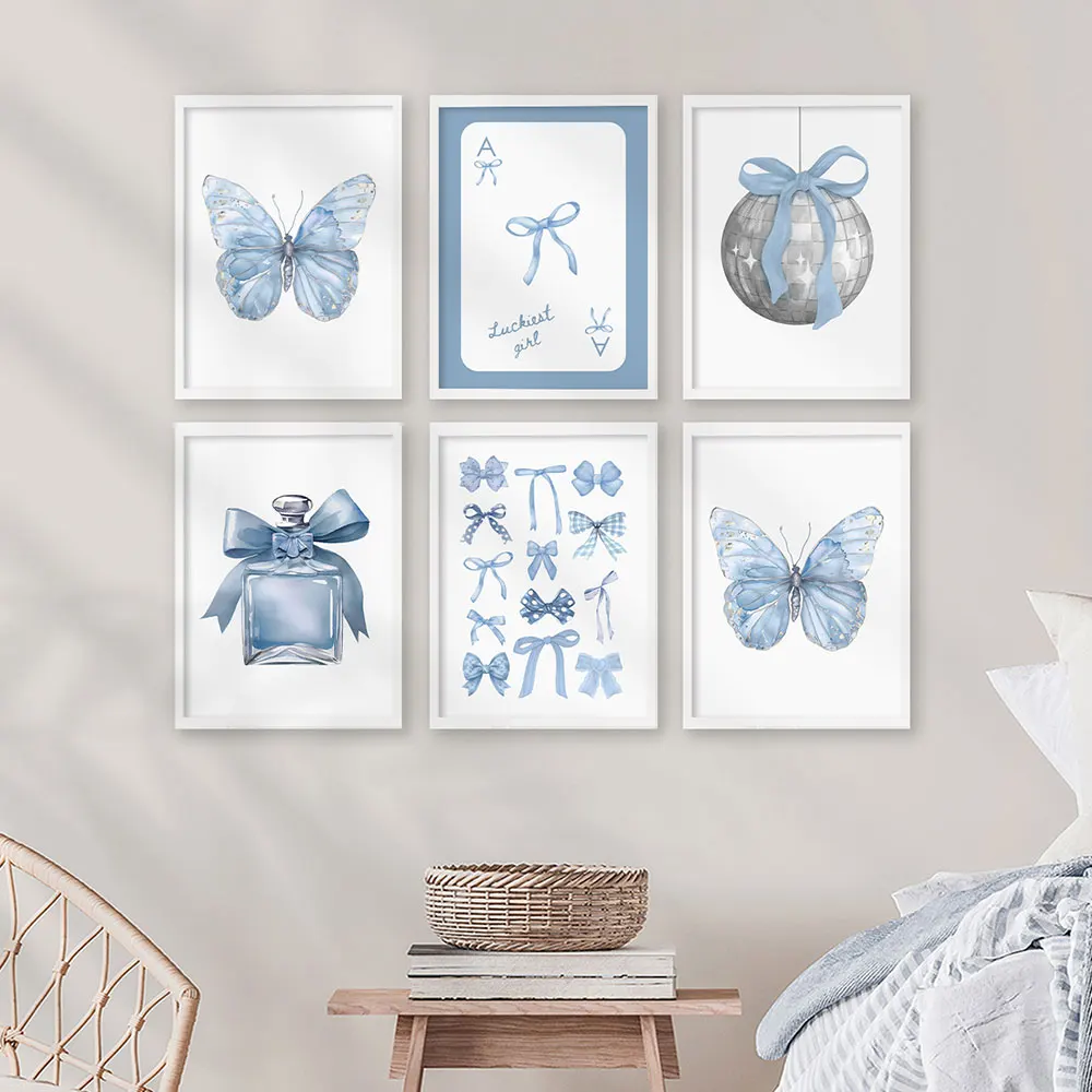 Bowknot Fashion Perfume Wall Art Balloon Puppy Canvas Painting Picture Trendy Blue Butterfly Poster Girl BedRoom Decoration