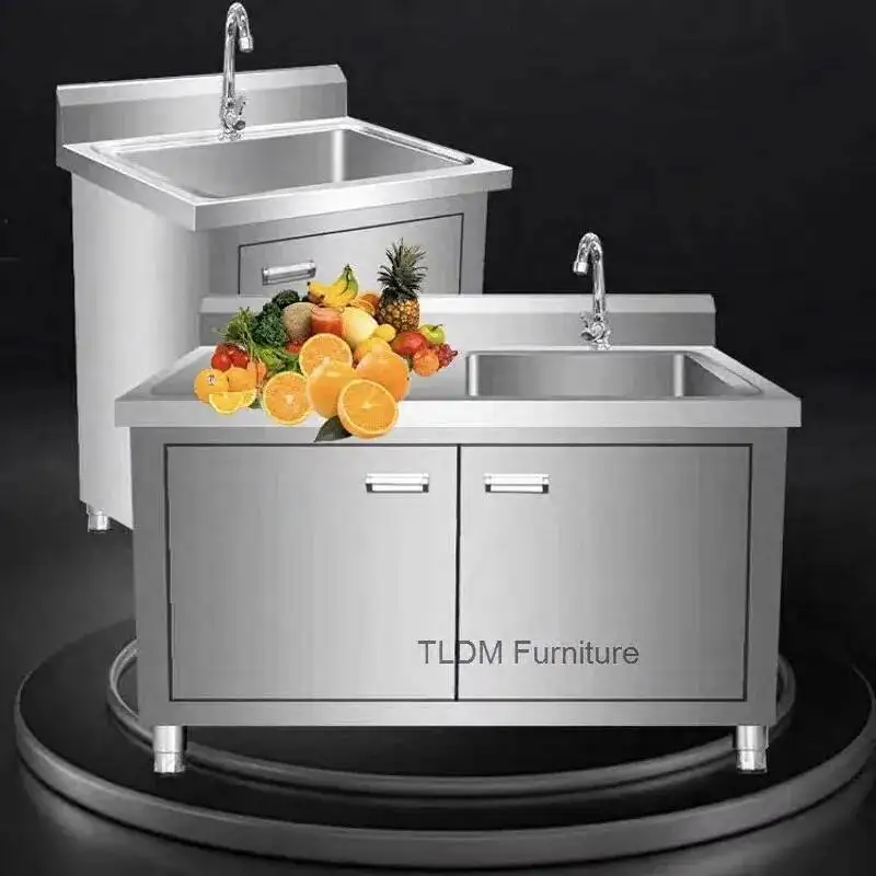 Kitchen Commercial Integrated Dishwashing Cabinet Sink Basin with Sinks Operating Floor Table Wash Stainless Sink Steel Cabinet