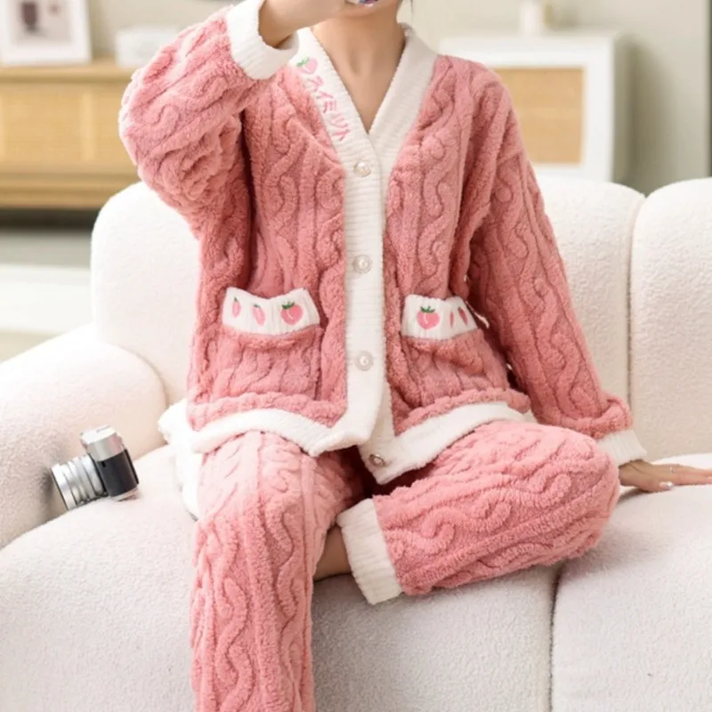 Plus Velvet Pajama Sets Women Sleepwear Long Sleeve Thick Coral Fleece Winter Students Preppy Loose Korean Home Cozy Soft Female