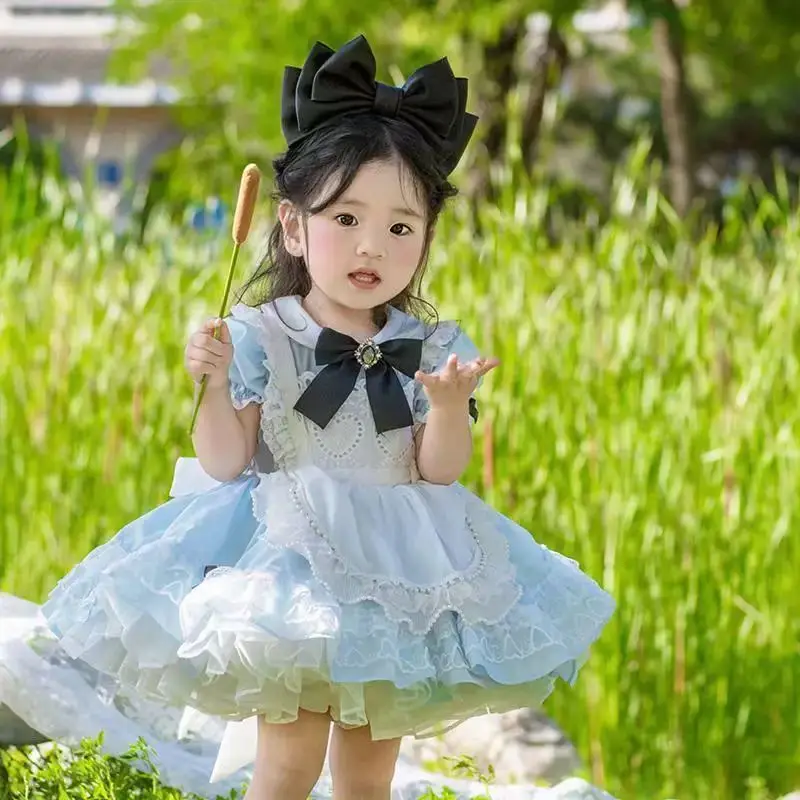 

0-8Y Baby Girl Summer Blue Alice Turkish Vintage Lolita Princess Ball Gown Dress for Birthday Holiday Casual Eid