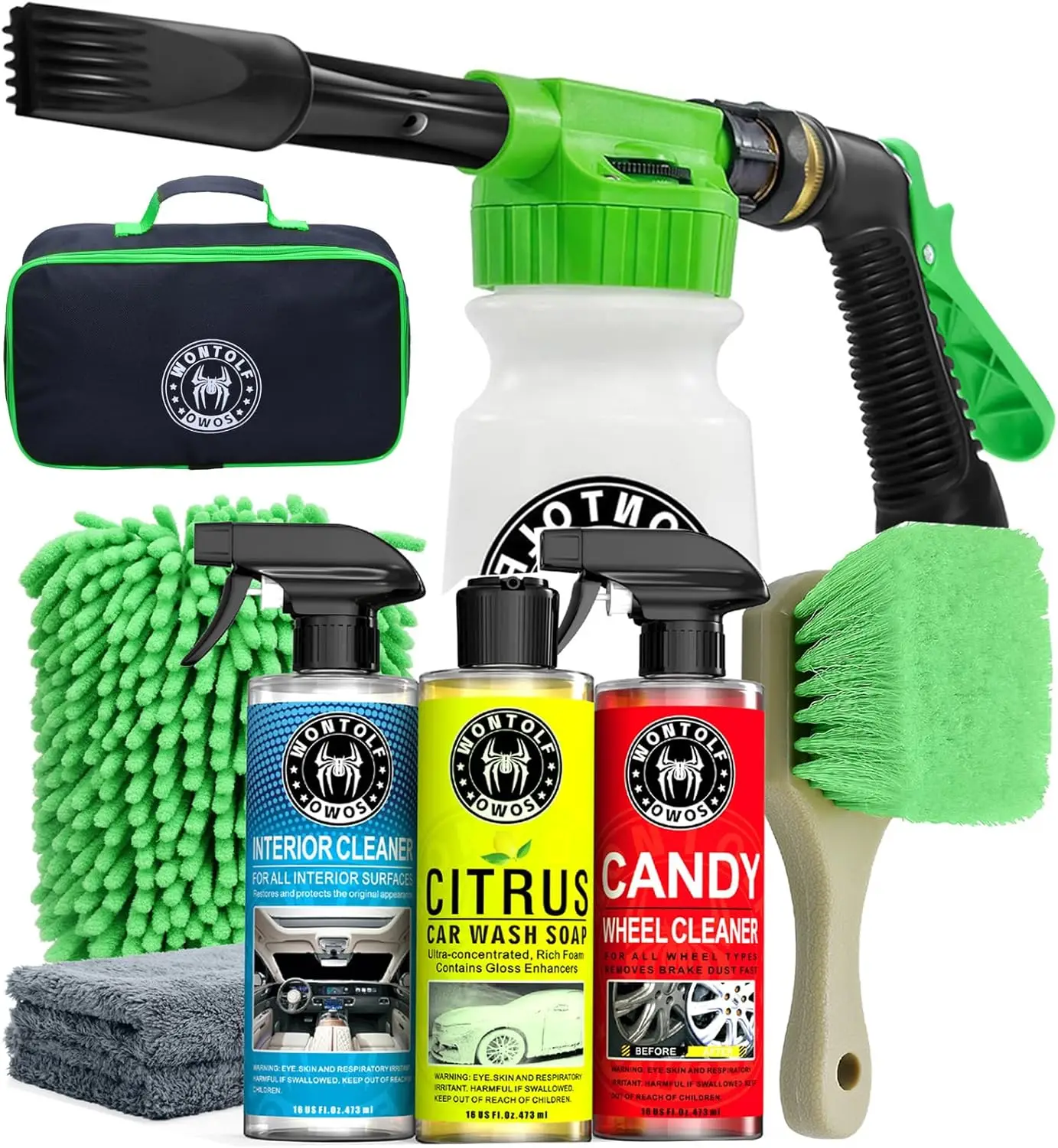 

Complete Car Wash Kit with Foam Gun, Soap, Interior Cleaner, Wheel Cleaner, 10-Piece Set for Cars, Trucks, RVs, SUVs, Motorcycles (Works with Garden Hose)