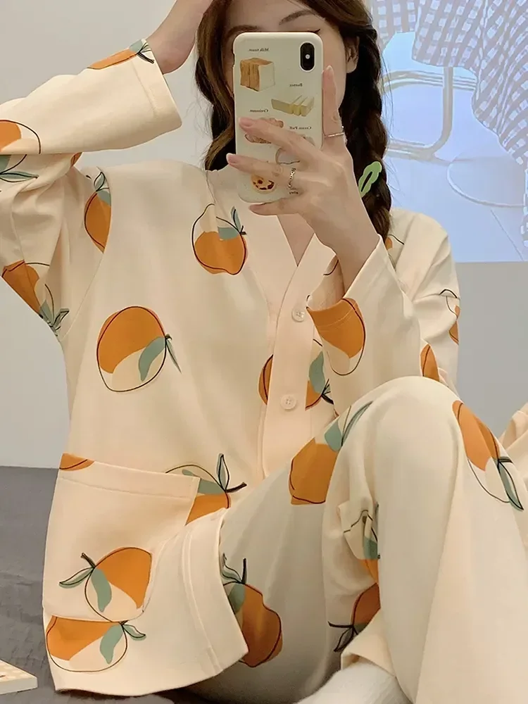 Pijama de manga larga para mujer, ropa de dormir femenina con estampado largo de otoño, conjunto de piezas de flores suaves a la moda para primavera, conjunto de algodón para mujer 2