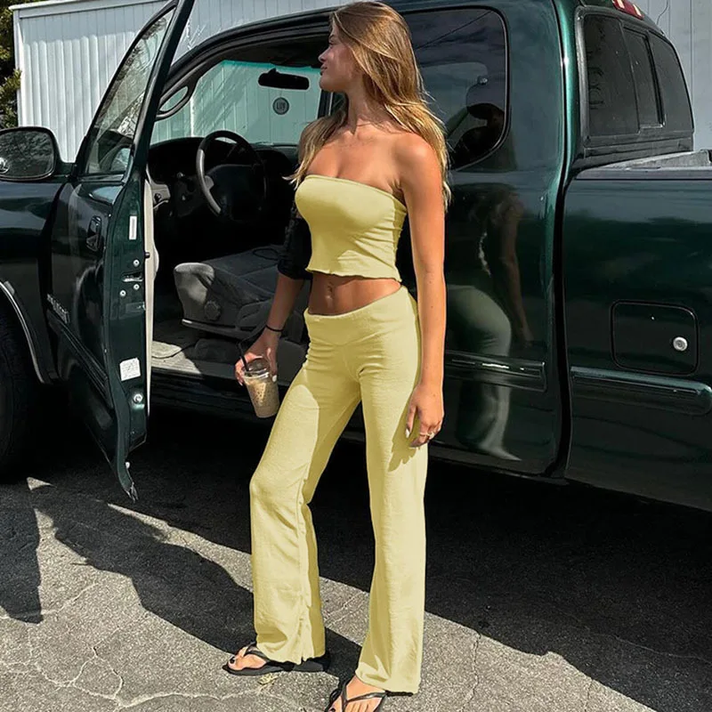 

Apprabant, однотонный сексуальный пикантный комплект со штанами для девочек, топы без бретелек с открытой спиной и открытым пупком, весна 2024, модный узкий брючный костюм