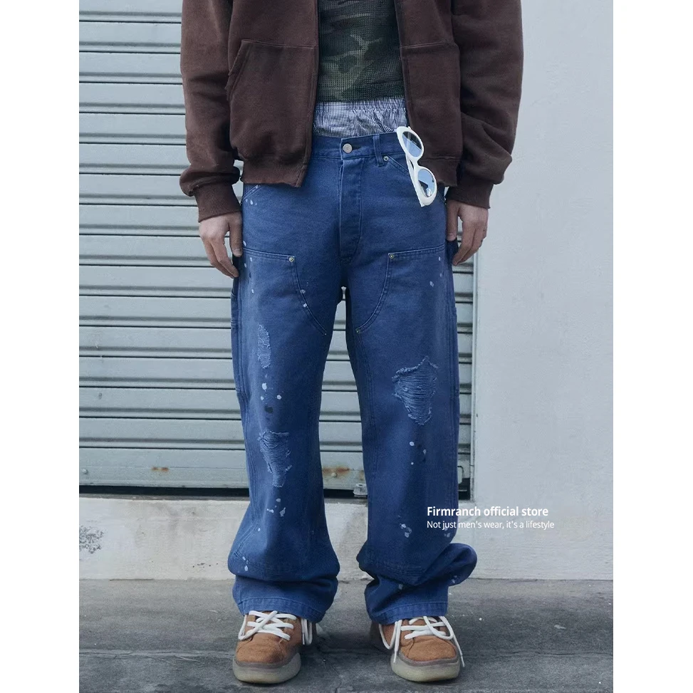 Firmranch New Korean Fashion Ripped & Vintage Workwear Cargo Pant For Men & Women Distressed Splash-Ink Baggy Casual Trousers