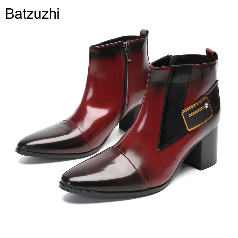 

Batzuzhi 7CM High Heels New Men's Boots Pointed Toe Wine Red Genuine Leather Ankle Boots for Men Party/Wedding Boots for Man