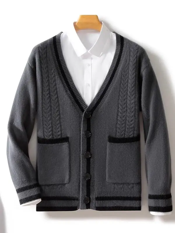 

100% Australian wool button-down V-neck thickened colour-blocked sweater business casual cashmere knit coat