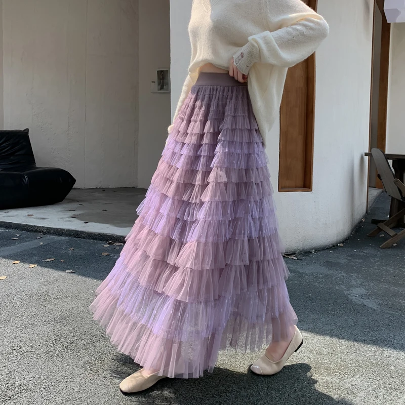2026 Spring Fairy Tale Heavy Embellished Lace Skirt Women's Long Design Sensation Slimming Large Flare Midi Skirt