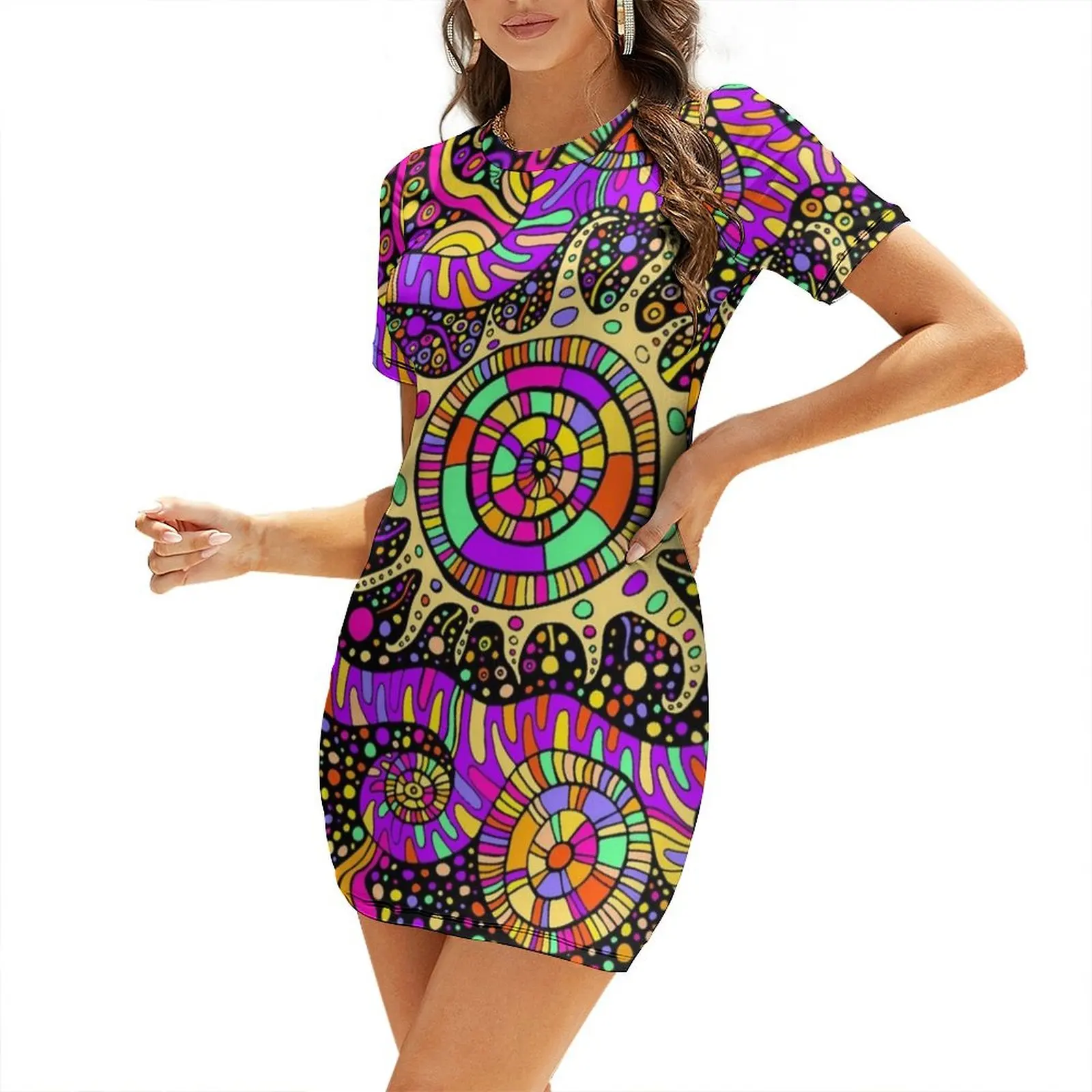 Trippy UV Rave Tentacles Black Light Trip Short Sleeved Dress Evening gown Aesthetic clothing Dress