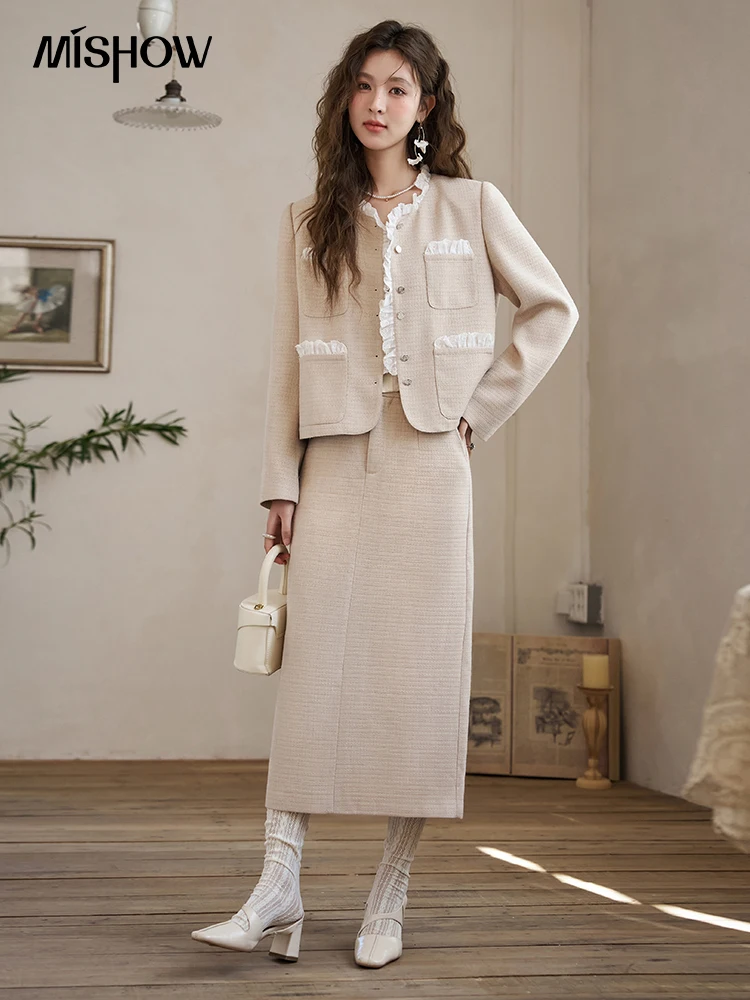 

MISHOW French Fragrant Coat Solid Skirt Separately 2024 Spring Collar Pocket Splicing Lace Top Hem Split Back Skirt MXD12W0274