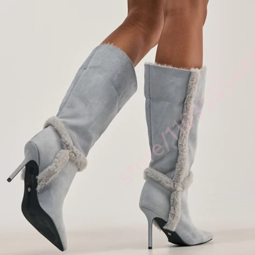 Women Light Grey Furry Trim Knee High Boots Pointed Toe Stiletto Warm Fleece Lined Winter Boots Fashion Street Party Footwear