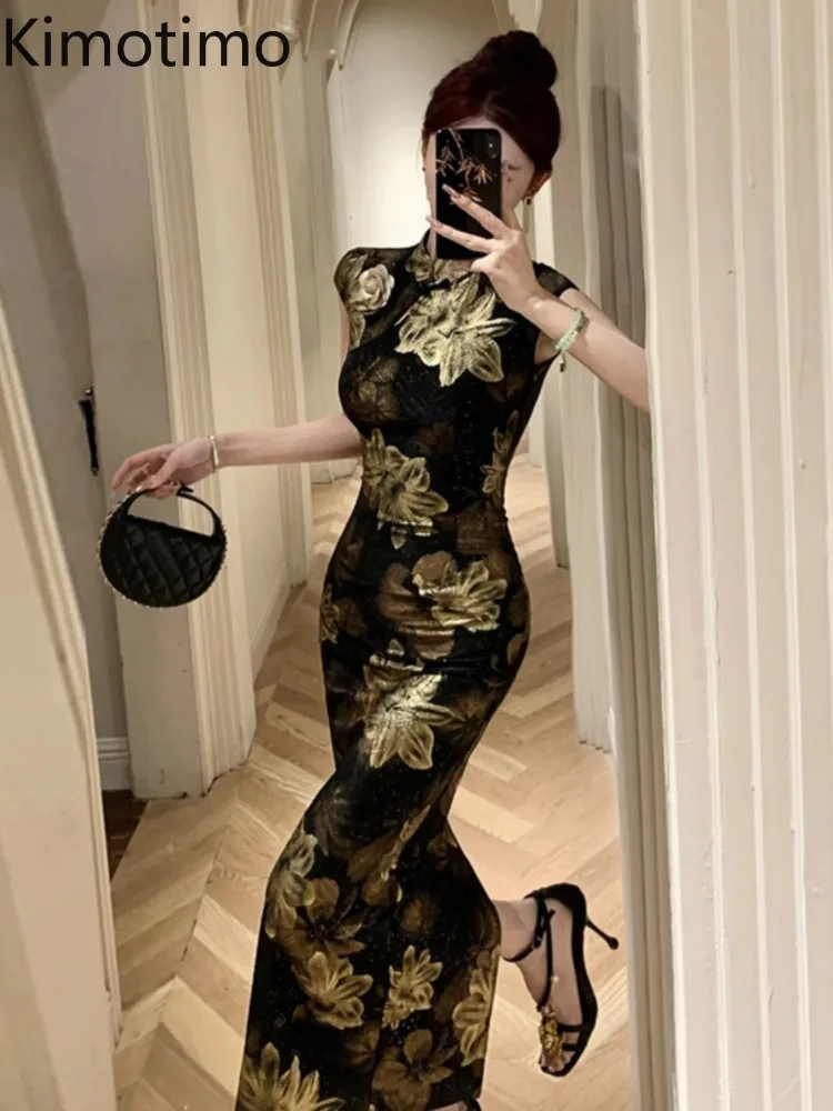 Kimotimo Woman Elegant Gilded Printed Cheongsam Dress New Summer Sexy High Waist Slim Split Long Party Dresses Vestidos Vintage