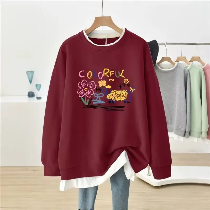 DAYIFUN-Sudaderas con capucha de talla grande para mujer Diseño falso de dos piezas Jersey estampado Sudaderas Moda O Cuello Top Primavera Otoño