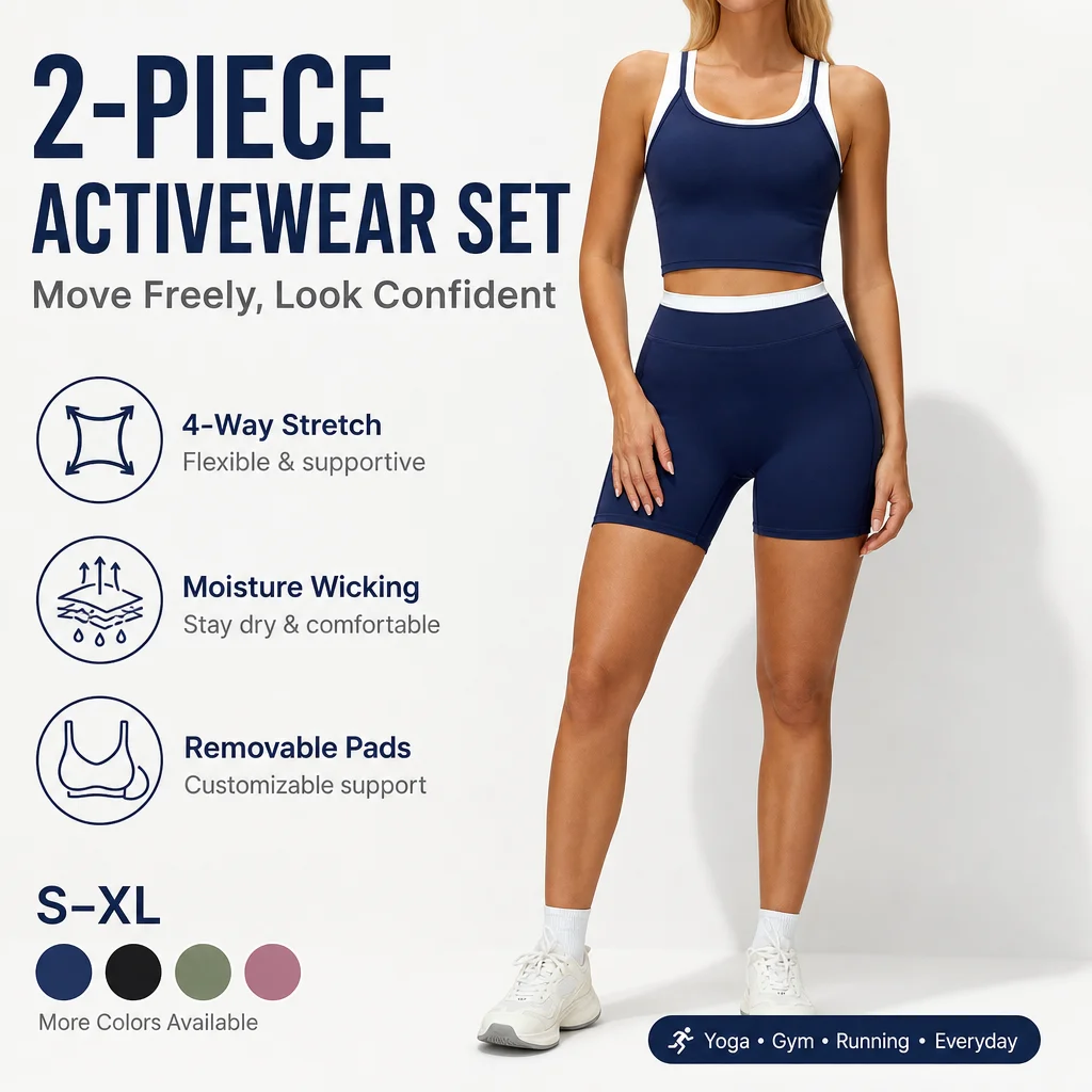 Women's 2-Piece Colorblock Wide Strap Longline Sports Bra & High Waist Shorts Set U-Neck Gym Yoga Activewear Outfit S-XL