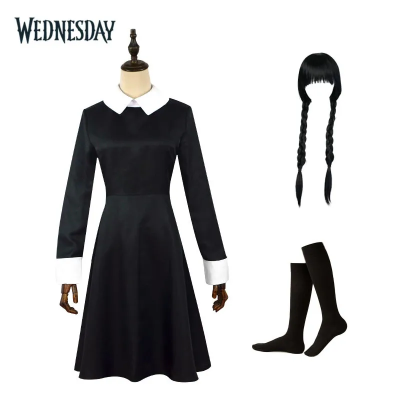 Costumes de cosplay de la famille mercredi Adams pour femmes, robe de gaze de Rh, uniforme scolaire rayé, manteau, ensemble de chemises, robe de soirée d'Halloween