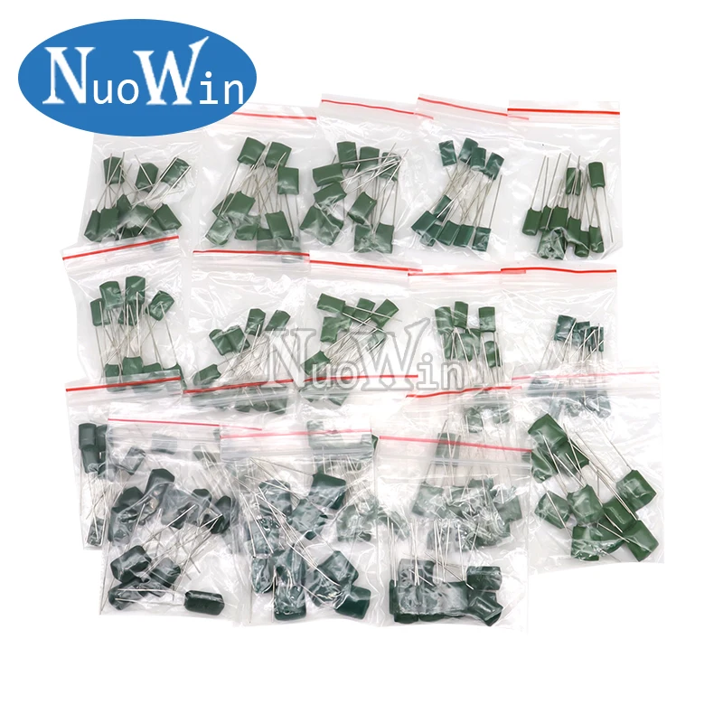 180pcs=18value*10pcs Polyester film capacitor Assorted Kit contains 2A104J 2A332J 2A472J 2A103J 2A333J 2A473J 2A563J 2A223J