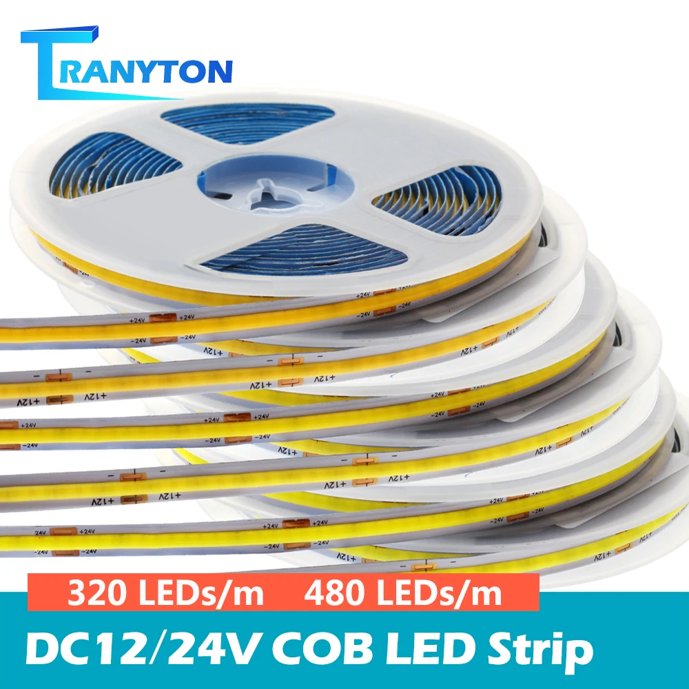 

5M DC12V 24V COB LED Strip 3000K 4000K 6000K Tape Flexible Light with Double-side Tape for Home Decoration 320/480 LEDs/M