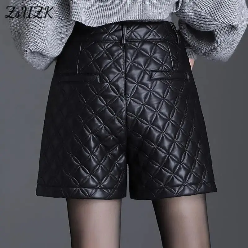 Women PU Leather Wide Leg Shorts Autumn Winter  Fashion  High Waist Loose  Pocket Decprate Thick Short Pants