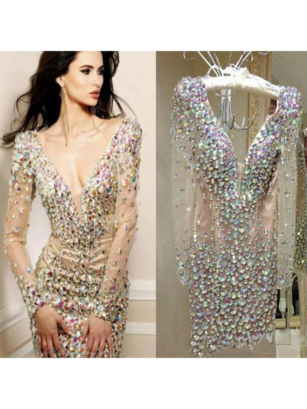 Sexy Crystal Bead Champagne Short Prom 2023 Long Sleeves V Neck Backless Saudi Arabia Homecoming Cocktail Party Dress