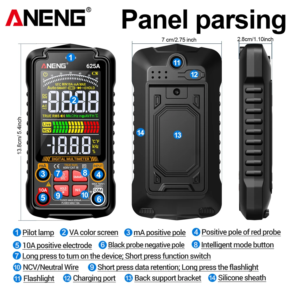 ANENG 625A متعدد 1000 فولت الحالي/الجهد المتعدد VA اختبار الألوان 60MOhm 10A عرض متر USB نوع-c أدوات اختبار الشحن