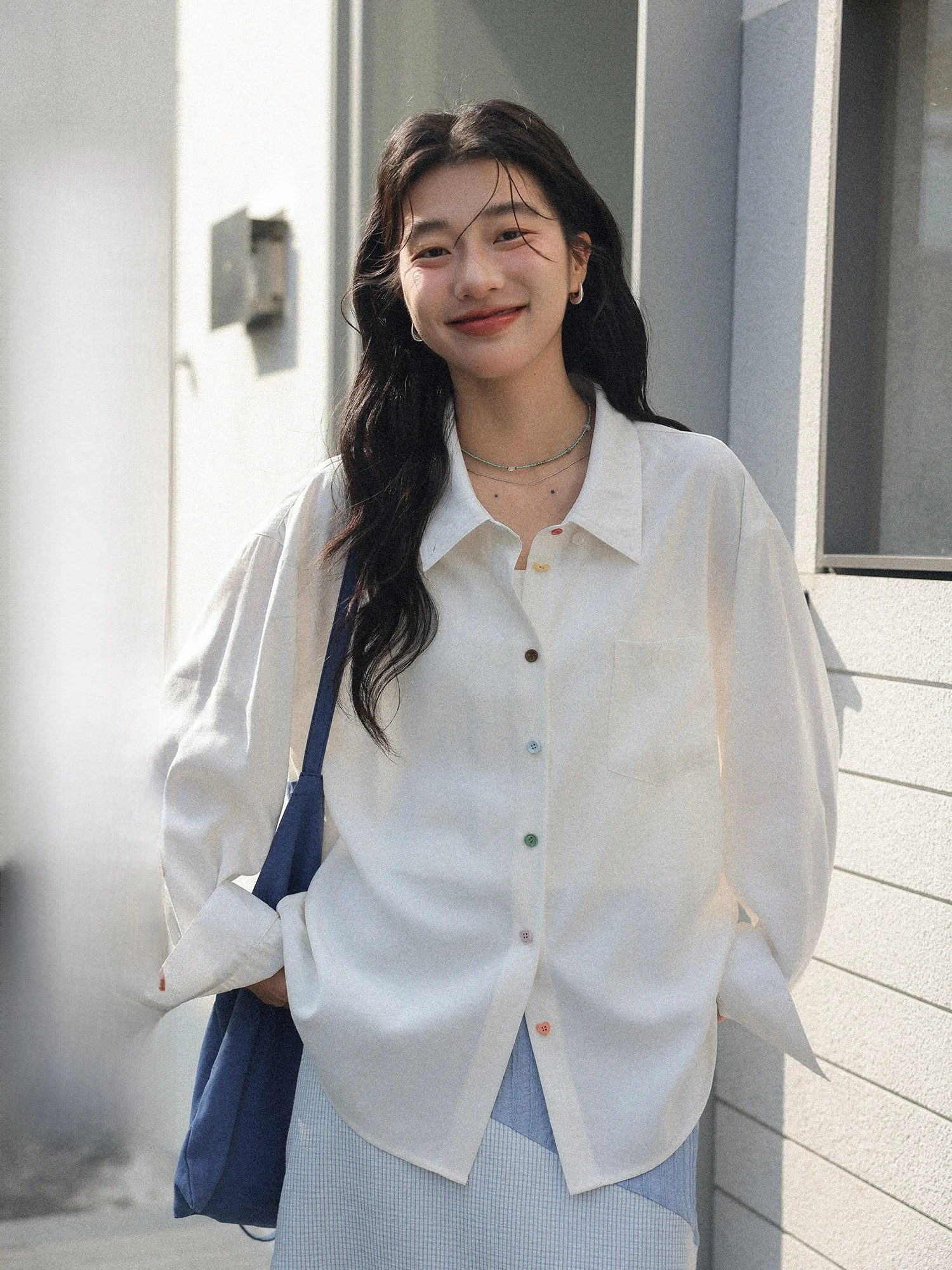 

White Long Sleeve Shirt Women's Summer 2026 New Button Design Casual Loose Fit Shirt with Pocket Fashionable Top
